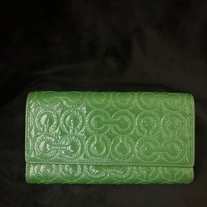 COACH Green Quilted Patent Leather Wallet